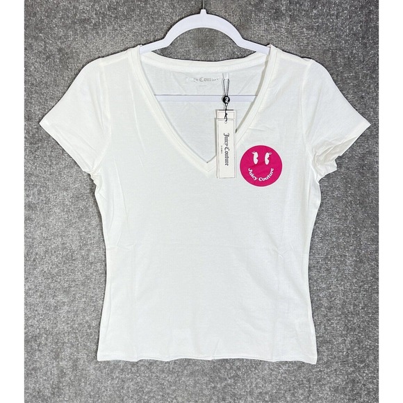 Juicy Couture V-Neck Short Sleeve Smiley Face Emoji Top‎ Womens Size Small NWT - Picture 1 of 7